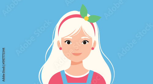 Sweet portrait illustration of a young girl with long blonde hair wearing a pink headband with a green leaf detail on a blue background.