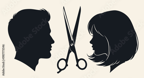 A minimalist black vector illustration of a girl and boy silhouette couple featuring elegant profile hair style and beauty fashion art for a modern person icon design