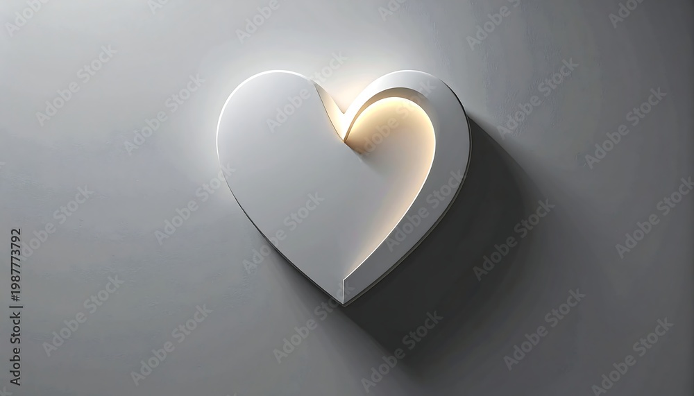 Obraz premium A glowing white heart-shaped light fixture mounted on a dark gray wall emits warm soft illumination.