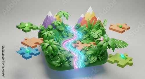 Puzzle pieces forming a landscape scene.