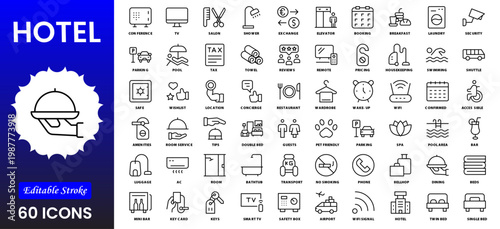 Hotel line icon set. Hostel, apartment, reception, hotel maid, bell boy, room and more. Outline vector icon in linear style. Pictogram collection