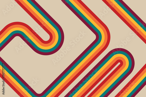 Retro 1970s Colorful Curved Stripes Abstract Background With Vintage Geometric Pattern And Warm Tones