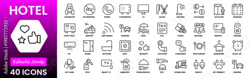 Hotel line icon set. Hostel, apartment, reception, hotel maid, bell boy, room and more. Outline vector icon in linear style. Pictogram collection
