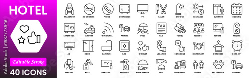Hotel line icon set. Hostel, apartment, reception, hotel maid, bell boy, room and more. Outline vector icon in linear style. Pictogram collection