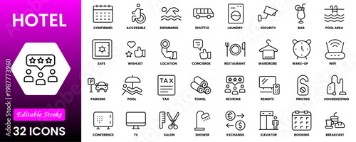 Hotel line icon set. Hostel, apartment, reception, hotel maid, bell boy, room and more. Outline vector icon in linear style. Pictogram collection