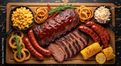 Delicious BBQ Platter with Smoked Meats, Sausages, and Sides on a Wooden Board.
