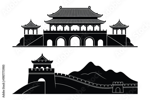 Traditional asian temple gate and great wall of china silhouette vector art