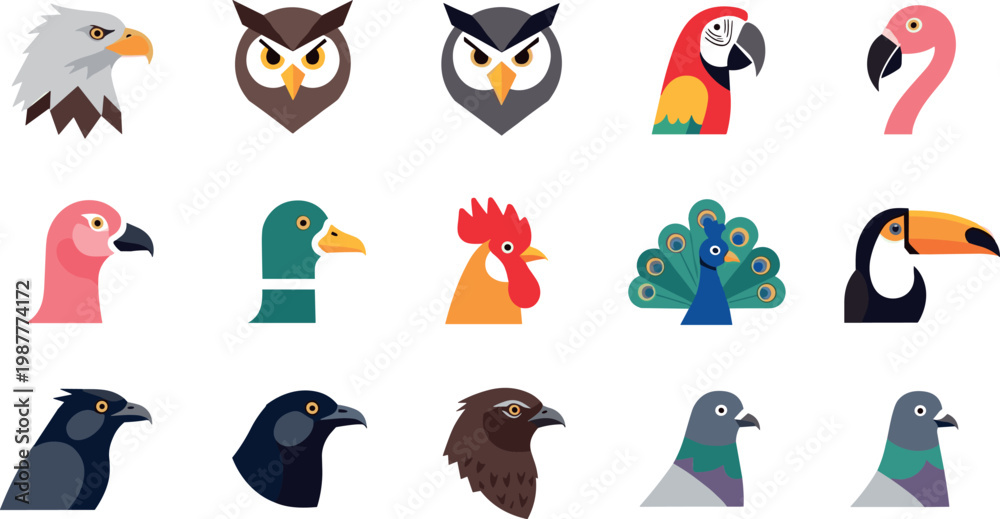 Fototapeta premium Flat bird head icon set featuring eagle owl parrot flamingo duck rooster peacock toucan vector collection for wildlife design