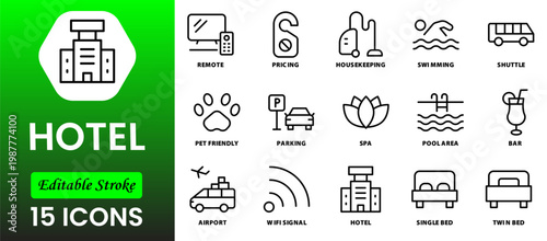 Hotel line icon set. Hostel, apartment, reception, hotel maid, bell boy, room and more. Outline vector icon in linear style. Pictogram collection