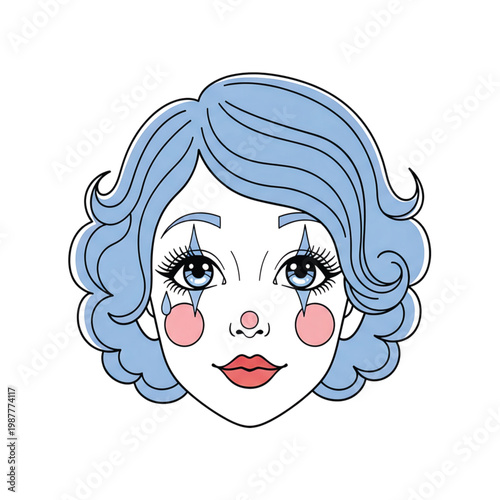 Illustration of a woman with blue curly hair and clown makeup featuring a tear drop on her cheek