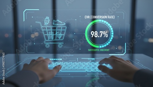 Hands on laptop with ecommerce metrics.