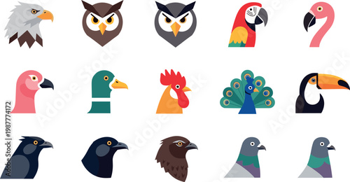 Flat bird head icon set featuring eagle owl parrot flamingo duck rooster peacock toucan vector collection for wildlife design