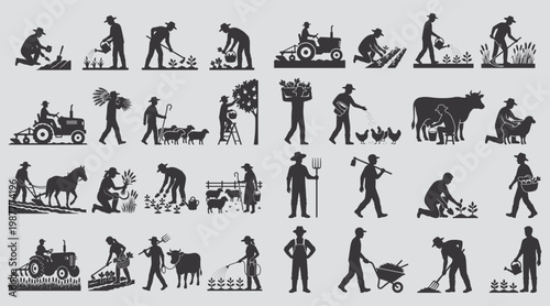 Set of farmer activity silhouettes, depicting various agricultural tasks from planting and harvesting to livestock management, essential for representing rural work and food production