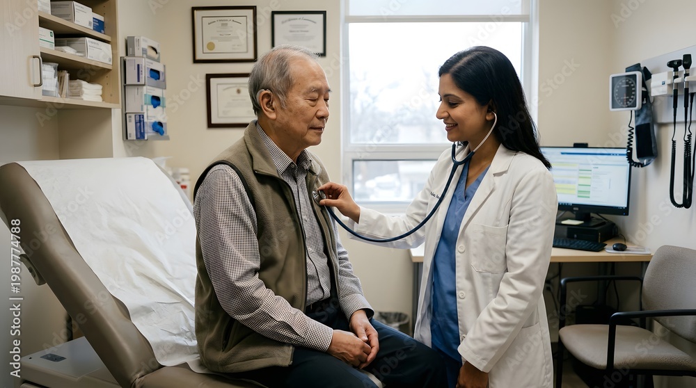 Fototapeta premium Smiling Female Doctor Using Stethoscope on Elderly Patient in Clinic