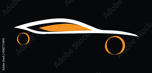 Stylized minimalist abstract sports car silhouette with orange and white accents, featuring a sleek design and circular wheel elements, isolated on transparent background
