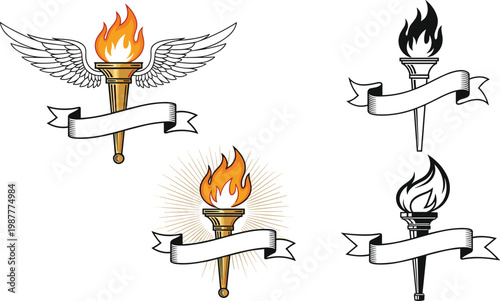 Bild auf Leinwand Vintage Flaming Torch Badge Set with Wings Ribbon Banner and Sunburst for Awards