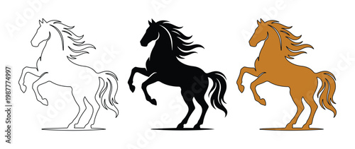 Rearing horse silhouette vector set, majestic stallion line art icons, wild mustang equestrian logo elements in black and brown