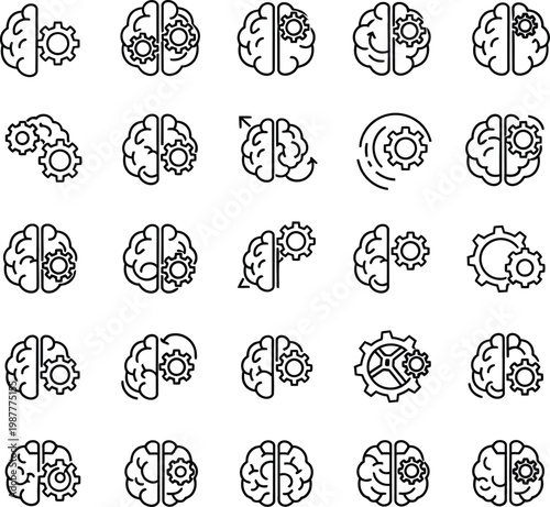 Set of 25 minimalist brain and gear line icons representing artificial intelligence, cognitive processing, logic, and creative thinking for science and technology design.