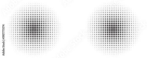 Set of halftone dots gradient pattern texture isolated on white background. Straight dotted spots using halftone circle dot raster texture.