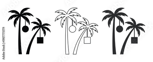 Tropical palm tree icons with Christmas ornaments, black silhouette and outline holiday vector set, summer vacation festive decorations