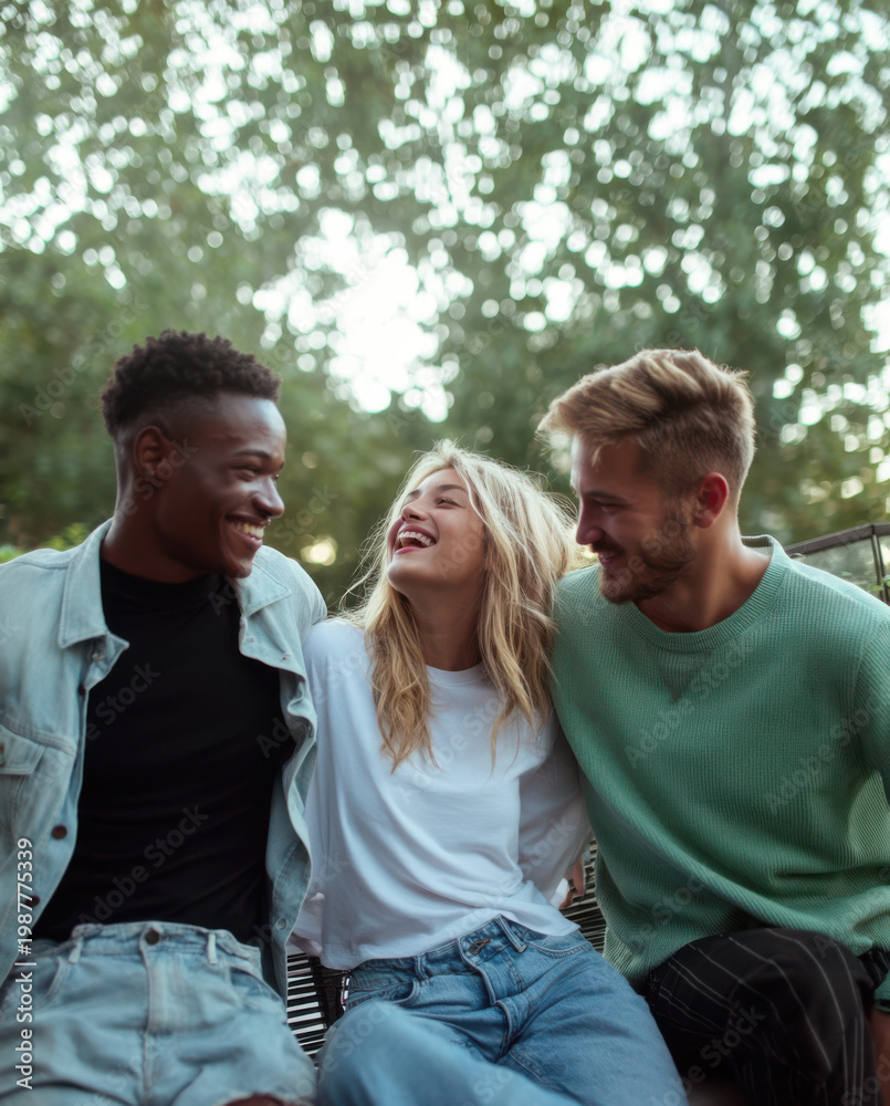 Fototapeta premium Authentic people, Joyful real friendship diverse group of friends laughing together outdoors. Authentic lifestyle moment capturing pure happiness, social bonding and natural connection multiethnic