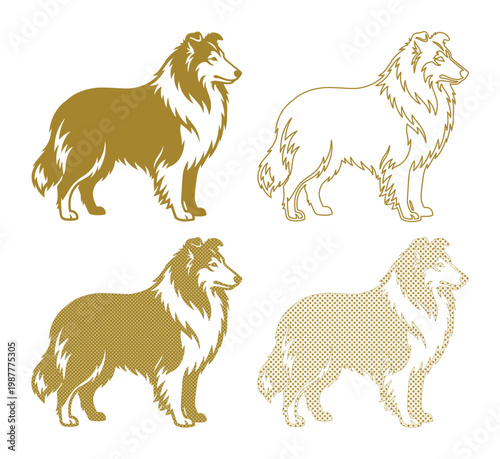 Rough Collie dog vector set, gold sheepdog silhouette icons, elegant long-haired collie breed illustrations for pet branding and logos