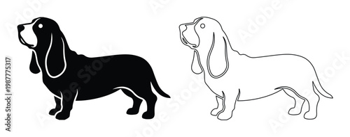Basset Hound dog vector silhouettes, black and white canine breed profile graphics, standing hound dog line art and solid icons for pet branding