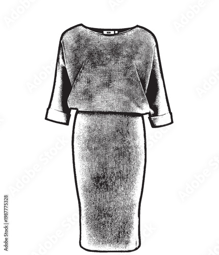 Monochrome Textured Batwing Sleeve Pencil Dress Illustration