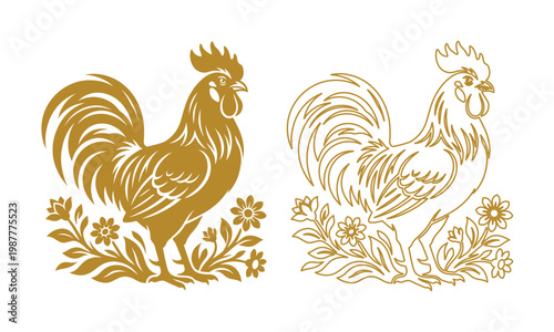 Vintage rooster vector illustration, golden cockerel silhouettes with floral ornaments, rustic farm animal line art set for organic food branding