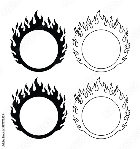Flaming circle vector set, black fire ring border icons, circular flame frames in silhouette and outline styles, hot burning sun logo elements