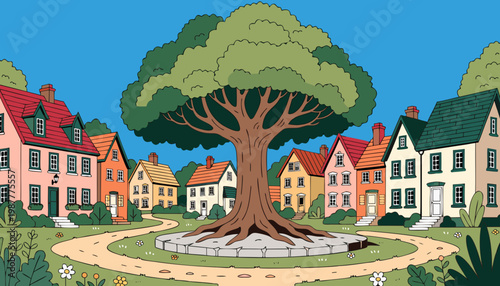 Colorful suburban neighborhood, tree-lined street, residential houses, vector illustration