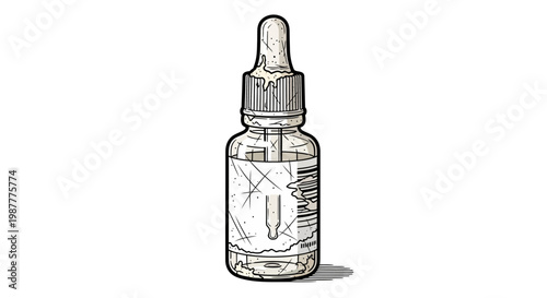 Dripping glass dropper bottle with clear liquid, white background