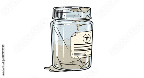 Empty dirty glass jar with dried residue and label