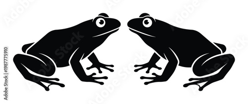 Minimalist frog silhouette vector, black toad profile icons, symmetrical amphibian wildlife illustration, clean pond animal graphic set