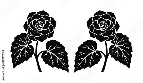 Black rose silhouette vector, elegant floral botanical illustration, minimalist flower blossom with leaves, decorative garden plant stencil art
