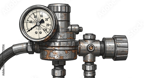 Industrial Pressure Gauge with Rusty Metal Components
