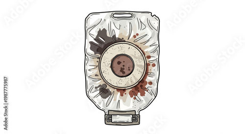 Medical IV Bag with Brown Liquid and Splatters - Isolated on White