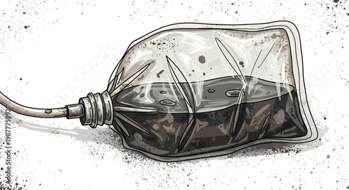 Medical IV bag filled with dark liquid and particles, close-up