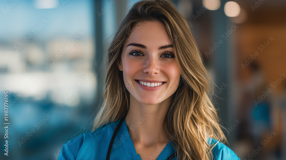 Obraz premium Portrait of a smiling medical professional, dressed in scrubs, exuding confidence and approachability