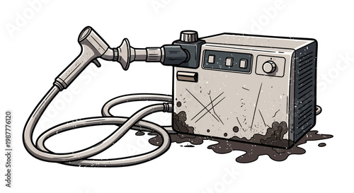 Old, dirty steam cleaner with hose and nozzle