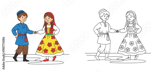 Boy and girl in Russian traditional folk costumes dancing, cute cartoon characters in color and black and white line art for coloring book, ethnic dress vector illustration for kids.