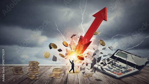 Businessman breaking calculator with growth arrow