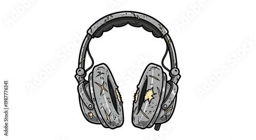 Vintage headphones with worn texture and cracks, isolated on white background