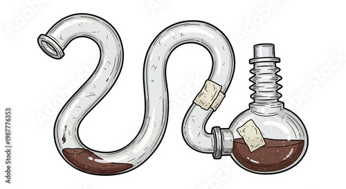 Vintage laboratory equipment with swirling liquid in flask and pipes