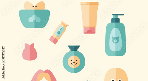 A vector illustration featuring a variety of baby care and hygiene products, including shampoo, lotion, and creams, in soft, pastel colors.
