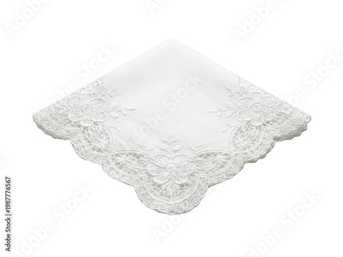 Foto Elegant white vintage lace handkerchief featuring intricate floral embroidery an