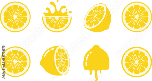 Yellow lemon slice icon set vector, citrus fruit rounds and halves with juice splash and dripping shapes for summer food designs
