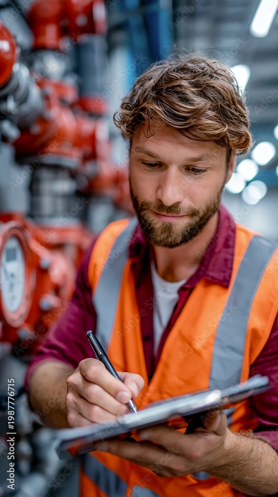 Obraz premium Safety inspector checking warehouse emergency sprinkler system during inspection