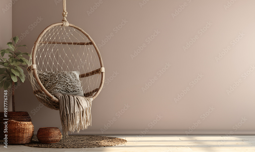 Obraz premium A serene indoor scene features a hanging chair with a neutral palette. Woven baskets and a plant complete the warm, inviting corner