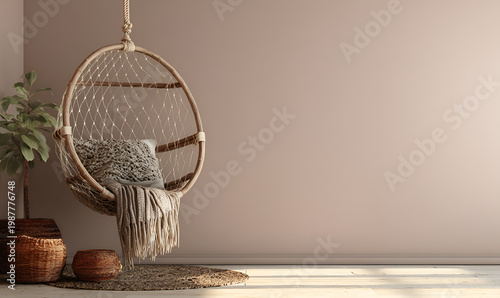 A serene indoor scene features a hanging chair with a neutral palette. Woven baskets and a plant complete the warm, inviting corner